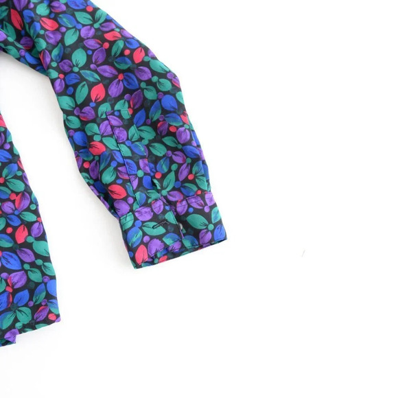 Vintage Black Green Blue Red Floral Button Up Long Sleeve Blouse - Picture 6 of 15